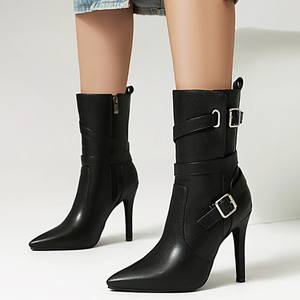 Belt Metal Buckles Dress Stiletto <b>Shoes</b> High Top Ankle Boots Sexy Women's Short Boots Slim High Heels Booties Large Size 48 - Product Image 1