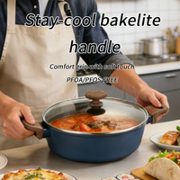 Casserole en aluminium forgé antiadhésive avec couvercle en verre, poignée en bois, compatible induction, vente en gros d'usine