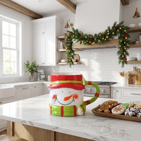 Mug en céramique 3D Bonhomme de neige souriant, avec chapeau et écharpe rayés rouge et vert, nez de carotte, tasse à chocolat chaud de Noël pour cadeau de fêtes