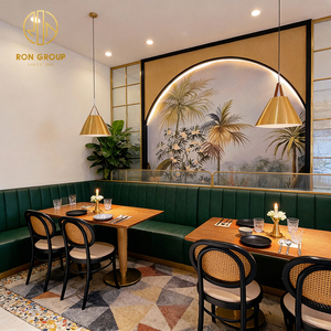 Canapé d'angle rembourré vert écologique de luxe léger, ensemble table carrée en bois et chaises, mobilier pour café et restaurant - Product Image 4