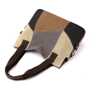 Vintage <b>Canvas</b> Tote <b>Bag</b> Contrast Color Block Shoulder Handbag <b>Large</b> Capacity Shopping Travel <b>Bag</b> for Women - Product Image 2