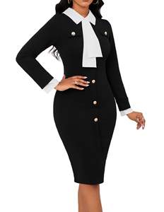 Robe élégante formelle pour femmes, longueur genoux, silhouette crayon, tissu en nylon, antistatique, broderie à la main, tenue de travail - Product Image 2