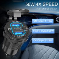 Chargeur de voiture 12V en aluminium avec double port USB QC3.0 18W et port USB-C PD 20W, interrupteur d'alimentation inclus, pour voiture, bateau, marine, camping-car