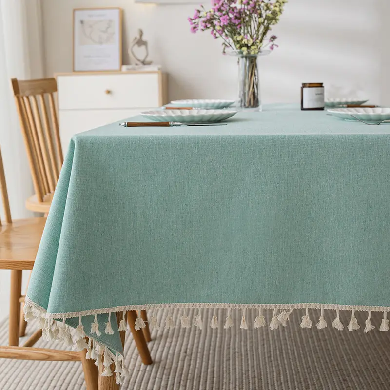 Custom embroidery Home Textile solid color cotton Linen Table Cloth with tassels