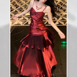 Mermaid Style Red Prom Dress Spaghetti Strap Ruffles Natural Waistline Elegant Coming Of Age Ceremony Banquet Party Attire - Product Image 3