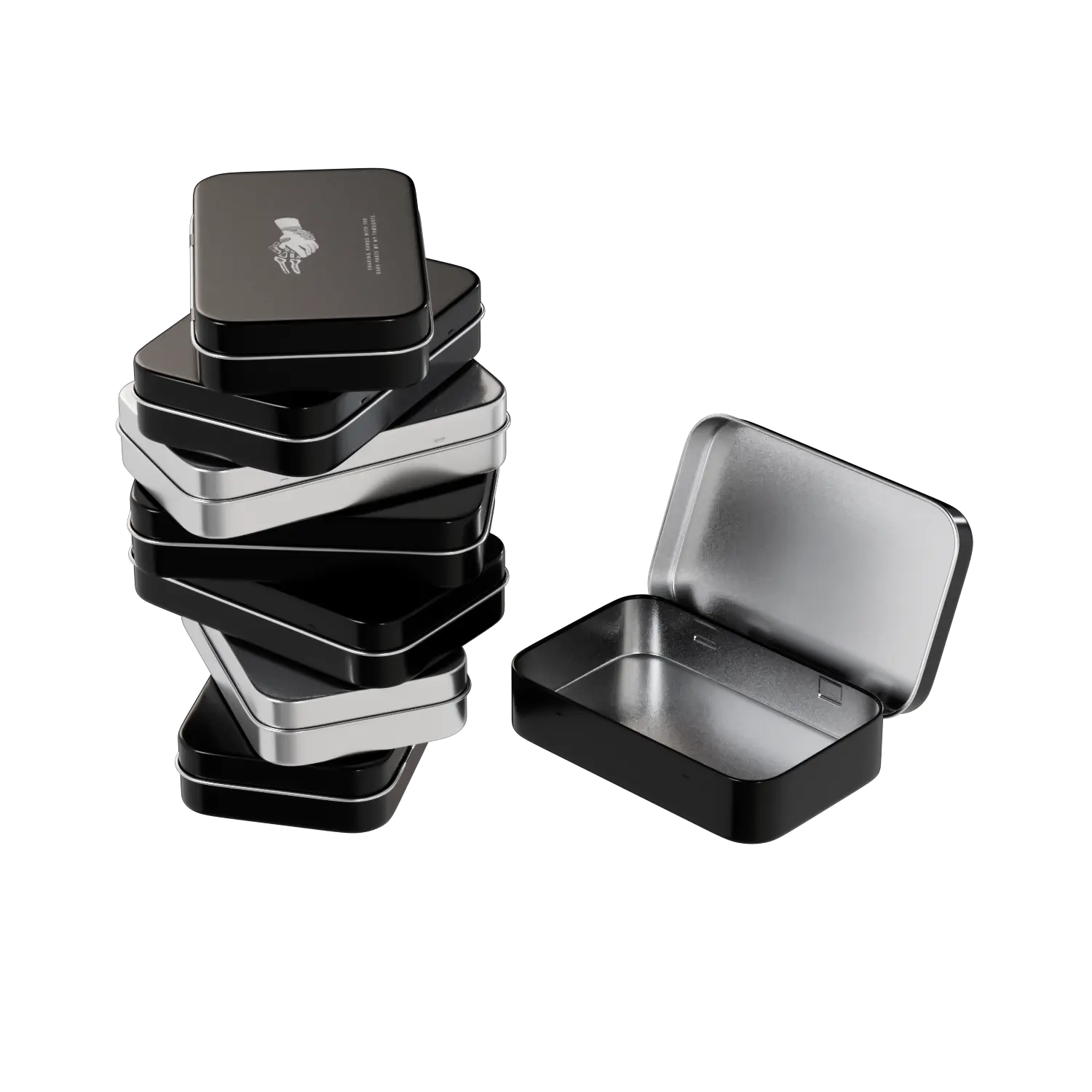 エンボス加工された小さな金属製の黒い長方形のコンダムキャンディースパイスコンテナをカスタマイズする空のヒンジ付きブリキの箱