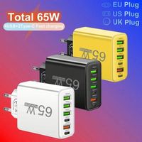 Cargador de Pared 6 en 1 de 65W con Carga Rápida, Enchufe para EE. UU., UE y Reino Unido, Adaptador de Cargador de Teléfono USB Tipo C, Bloque de Carga 4USB+2PD
