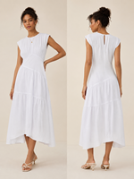 Vestido Midi Asimétrico con Volantes en Capas, Cuello Redondo y Manga Corta, Color Blanco, Nueva Colección Verano 2026, Gran Venta en EE. UU. y Australia