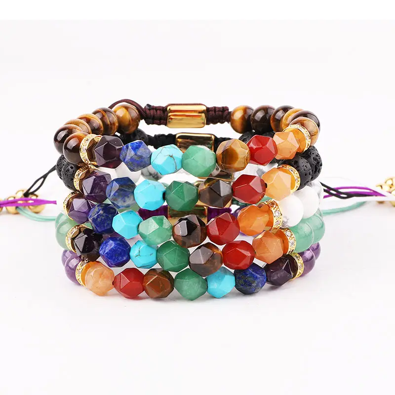 Hot Selling Colorful Natural Stone 7 Chakra Yoga Healing Energy Stone CZ Charms Custom Logo Men Women Macrame Bracelet