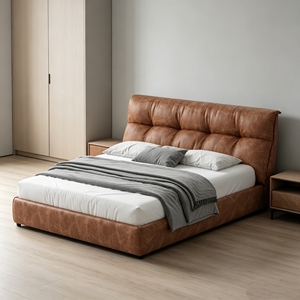 Cama matrimonial de cuero genuino color camel con caja de almacenamiento alta, para <span class=keywords><strong>dormitorio</strong></span> principal y secundario, con paquete de accesorios suaves. - Product Image 6