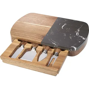 Customized Marble and Acacia Wooden Cutting Board Charcuterie Board with Knife Set for Kitchen