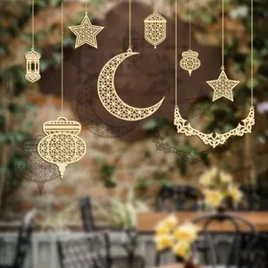 DIY Wooden Islamic Festival Decorations wooden plaque Ramadan decoration Hexagonal Moon Shape Hanging Pendant