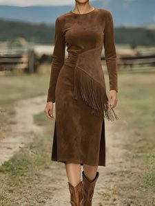 Abito Vintage da Donna Stile Western, Aderente, Collo Tondo, <span class=keywords><strong>Maniche</strong></span> <span class=keywords><strong>Lunghe</strong></span>, con Frange, in Camoscio Antistatico, Lunghezza Media, Vita Impero - Product Image 3