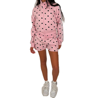 Fabricant de vêtements pour femmes en gros – Ensembles de survêtements courts sportifs roses à pois avec cordon de serrage, personnalisables avec logo