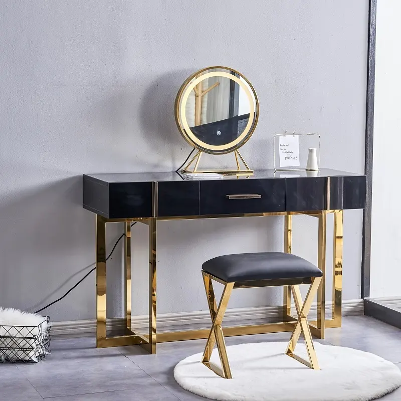 Moderno de alto brillo de dormitorio de lujo mesa de tocador maquillaje de escritorio vanidad tocador con espejo