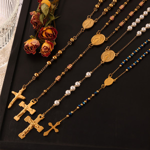 2025 Edelstahl 18 Karat Gold Kreuz Anhänger Y Lariat Halskette Jungfrau Maria Heilige Selige Perle Christian Kruzifix Schmuck - Product Image 6