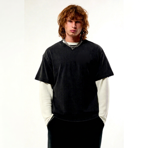 T-shirt noir à double manche coupe classique pour homme 2026, col roulé blanc à manches courtes, style streetwear décontracté, 100 % coton tricoté - Product Image 1