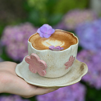 Tasse à café en céramique japonaise Shirakawa, motif fleur de cerisier en relief, peinte à la main, 250 ml, avec soucoupe, coffret cadeau, style vintage, pour la maison