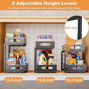 Organiseur <span class=keywords><strong>sous</strong></span> évier à roulettes lisses, 2 niveaux, hauteur extensible, tiroir coulissant pour armoires de cuisine et de salle de bain - Product Image 2