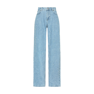 Su misura produzione a vita alta Jeans in Denim colore blu <span class=keywords><strong>donna</strong></span> <span class=keywords><strong>pantaloni</strong></span> in Denim a gamba dritta con strass lucido Jeans - Product Image 1