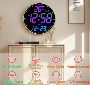 ساعة حائط رقمية كبيرة 12 بوصة متغيرة الألوان مع تحكم عن بعد وشاشة LED و3 مستويات سطوع وإنذار درجة الحرارة للديكور المنزلي - Product Image 2