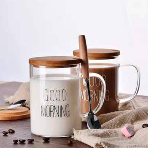 Tasse en verre résistant à la chaleur, thé, lait, jus, eau, petit déjeuner, tasse à café avec couvercle en bambou et cuillère, tasses en verre du matin - Product Image 1