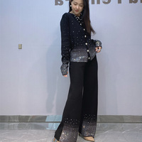 Transfrontalier européen américain femmes mode décontracté à manches longues Cardigan strass pantalon large costume ensemble femmes