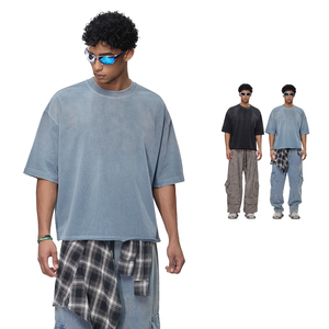 T-shirt vintage délavé uni à manches courtes, coupe ample unisexe en coton peigné respirant pour homme - Product Image 2