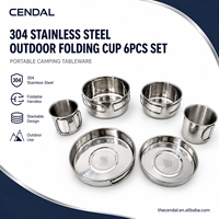 Ensemble de 6 tasses pliantes d'extérieur en acier inoxydable 304, vaisselle de camping portable, empilable, avec poignée, ustensiles de cuisine