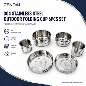 Ensemble de 6 tasses pliantes d'extérieur en acier inoxydable 304, vaisselle de camping portable, empilable, avec poignée, ustensiles de cuisine - Product Image 1