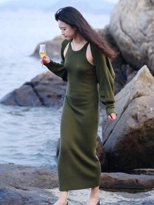 O-Neck Knitted Midi Sweater <b>Dress</b> With Cold Shoulder Cut-Out Bodycon Minimalist Autumn Wear Solid Green Long Sleeve - Product Image 2