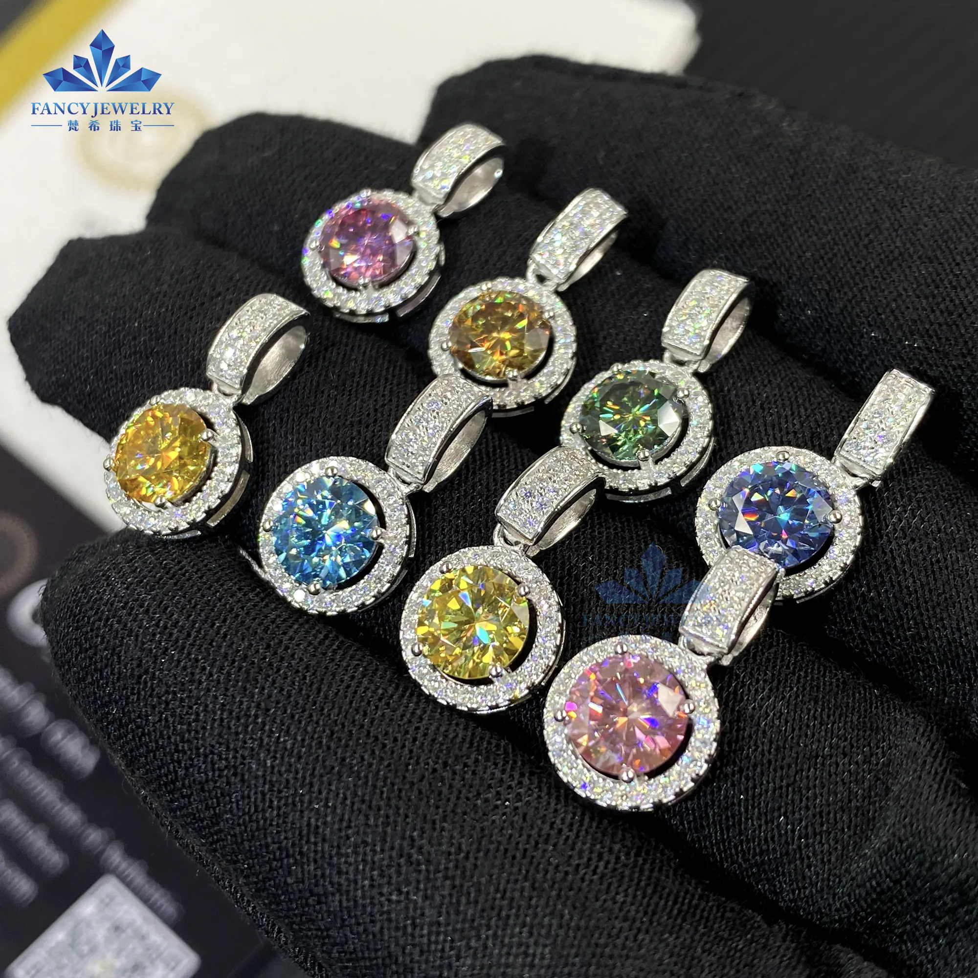 Custom Jewelry 925 Sterling Silver 6.5MM 1Carat Champagne Pink Yellow Blue Color GRA Moissanite Gemstone Round Halo Pendants