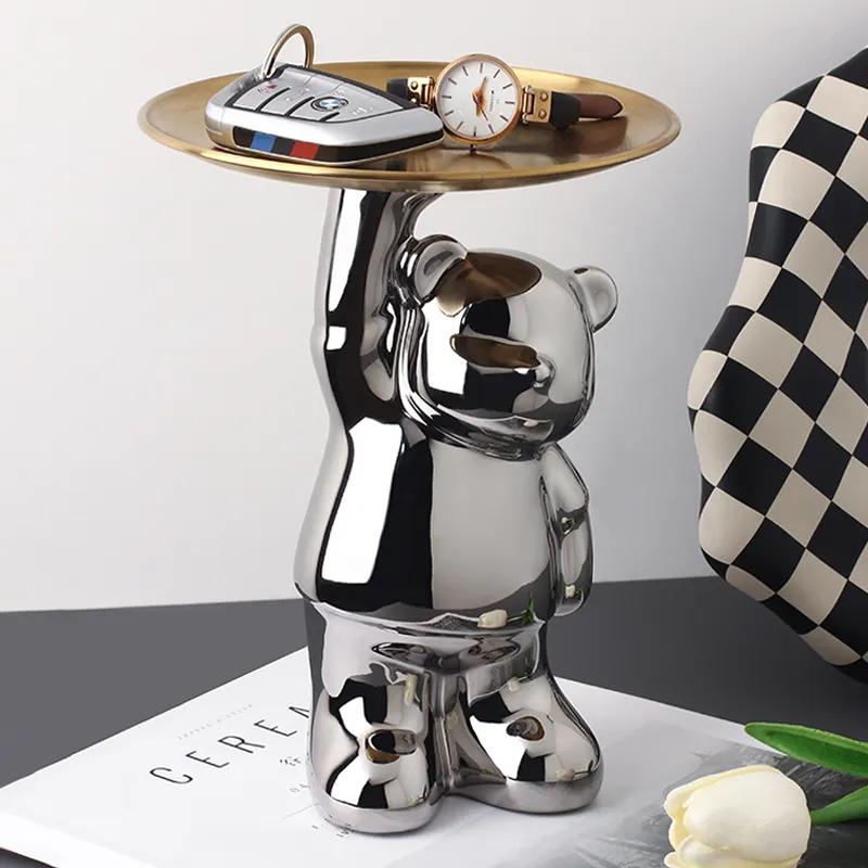 Silver floor bear home decoration with tray Silver plating process and other home decoration gifts ceramic
