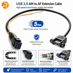 Câble d'extension USB 3.0 femelle à montage sur panneau OEM, en cuivre OFC, double USB-A femelle, pour équipement de contrôle industriel - Product Image 1