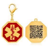 Porte-clés mousqueton d'alerte médicale personnalisé gravé, étanche, en acier inoxydable, avec pendentif octogonal, texte personnalisable et QR dynamique