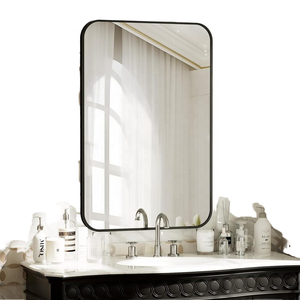 Modern tasarım dikdörtgen alüminyum alaşım ahşap çatkı duvar monte banyo aynası yuvarlak köşeler siyah renk - Product Image 5