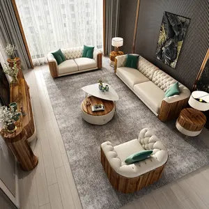 Set Furnitur Sofa Kulit Kualitas Tinggi, Set Perabot Sofa Kayu Hitam Desain Elegan dan Mewah