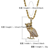 Collier hibou plaqué or avec zircone cubique, chaîne corde, breloque scintillante, cadeau pour homme, bijoux de fête et de rue