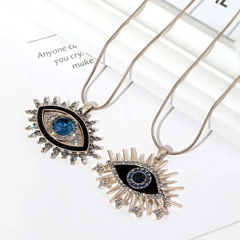 Vintage Crystal Evil Eye Pendant Simple Fashion Sweater Chain Long Stainless Steel Colorfast Necklace