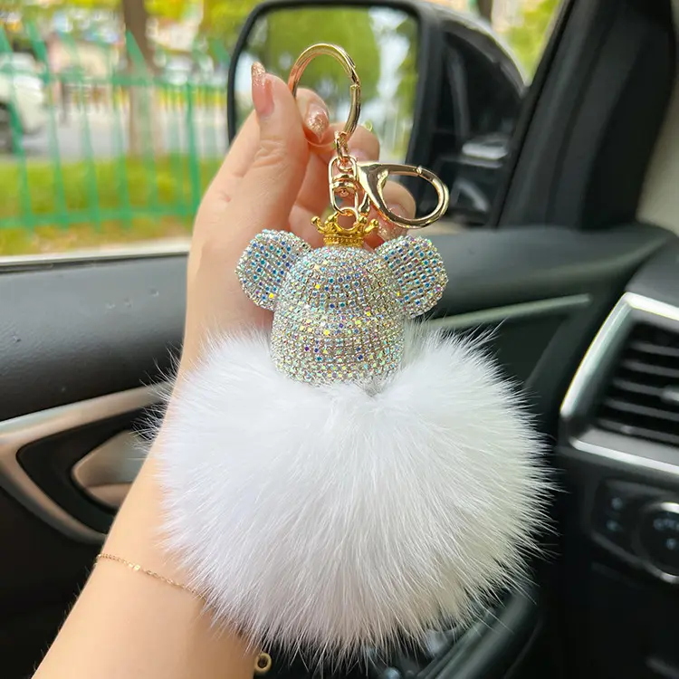 Cartoon Teddy Bear Keychain Rhinestones Fluffy Fur Pompom Ball Glitter Crown Bear Key Chain Lady Charm Bag Car Keyring Pendant