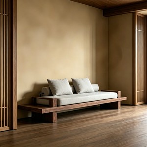 Divano a Due Posti in Legno Massello Stile Wabi-Sabi con Rivestimento in Cotone e Lino Rimovibile e Lavabile per Villa, Hotel, Piccolo Appartamento, Caffè, Sala da Pranzo, Bar - Product Image 2