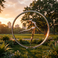 Sculpture Circulaire Métallique Géante Personnalisée avec Fille Dansante, Statue en Acier Inoxydable Poli Miroir pour Décoration de Parc, Hôtel, Place Publique