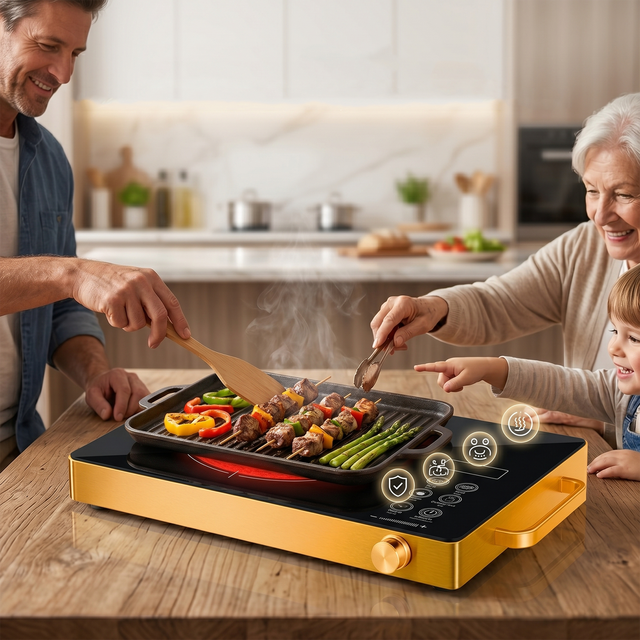 Luxury Design Premium Ceramic Hot Plate 2200W Gold Frame Infrared Cooker with Carry Handles For Kitchen Aesthetic