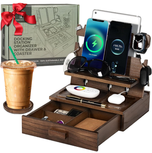 Station d'accueil pour téléphone en bois pour 3 appareils, organiseur de chevet, support de charge multifonction en bois pour téléphone, tablette, clés - Product Image 1