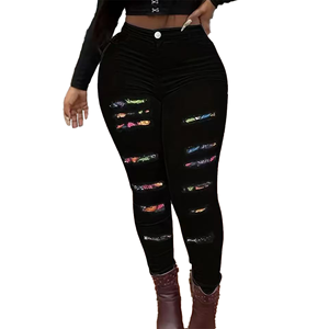 Manufacturer's Plus Size Women's Casual Stretchy Mid Waist Ripped Feet Long <b>Legging</b> Summer Pencil Denim Jeans Pants - Product Image 1