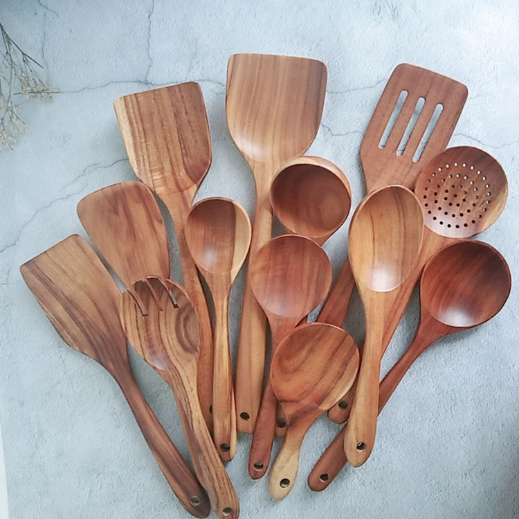 Wooden Kitchen Utensils Set Non-stick Pan Gift Wooden Spoons for Cooking Utensils Natural Teak Wooden Spoons