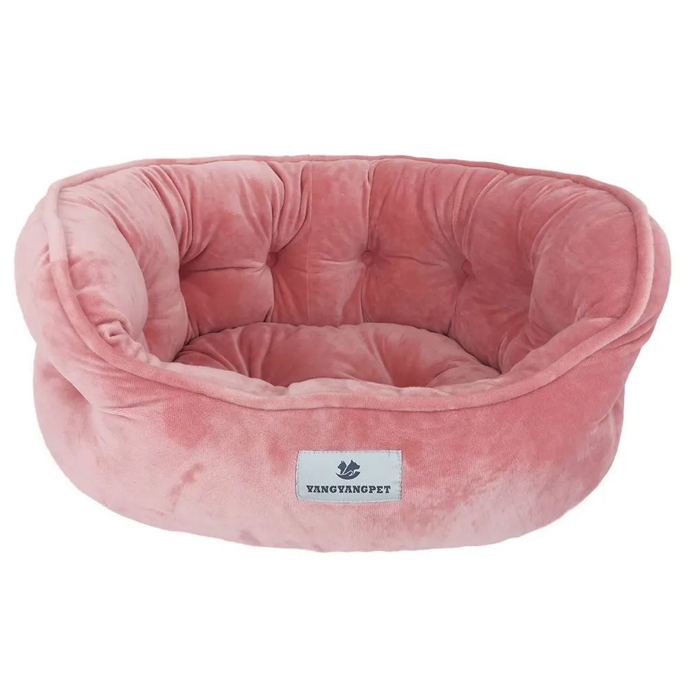 Yangyangpet 사용자 정의 로고 상자 벨벳 부드러운 원 라운드 슈퍼 부드러운 플러시 플란넬 저렴한 핑크 애완 동물 강아지 침대