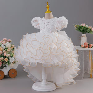 Vestido de Fiesta de Verano para Niñas, Color <span class=keywords><strong>Rosa</strong></span> <span class=keywords><strong>Princesa</strong></span>, Cuello Redondo, Perlas, Apliques Florales 3D, Mangas Abullonadas, Hasta la Rodilla, con Volantes, Estilo <span class=keywords><strong>Princesa</strong></span>, ODM - Product Image 3