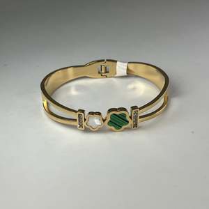 Fashion <b>Bangle</b> 316L Stainless Steel PVD Gold Plating Green Inlay With Diamond Accents - Product Image 1