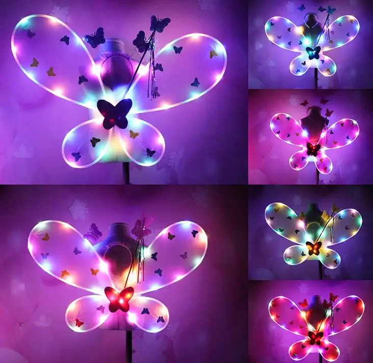 Latest Design Christmas 4pcs Shining Butterfly Wings Girl Fairy Stick Party Light Dress Set For Kids